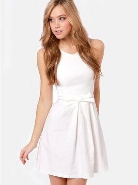 Lulu's White Sleeveless Fit-and-Flare Dress with Waist Bow